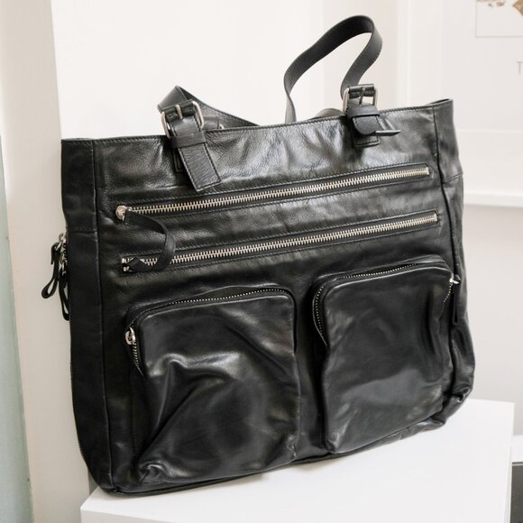 CLUB MONACO Unisex Large Black Soft Leather Zippered Shoulder Laptop Bag Purse - Picture 1 of 12